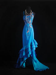 Vintage Prom Dresses 90s Formal Mermaid Spaghetti Straps Blue Chiffon Long Party Gowns Prom Dresses AS013