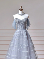Modest Prom Dresses Aesthetic Ball Gown Off The Shoulder Light Blue Tulle Inspiration Impress Long Party Formal Gown For Teenagers High Schools Girls AQ017