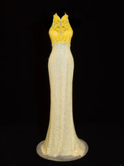 Modest Prom Dress Aesthetic Mermaid High Neck Yellow Lace With Train Style Impress Chiffon Long Prom Dresses Party Formal Gowns SA019