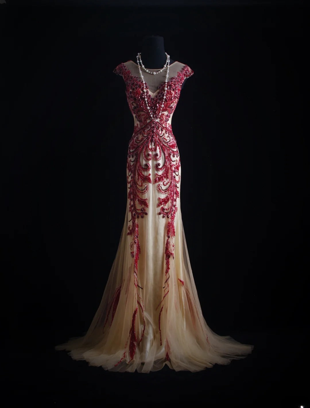 Vintage Prom Dresses 90s Formal Mermaid Scoop Neck Champagne With Red Beadings Long Party Gowns Prom Dresses AS023