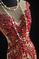 Vintage Prom Dresses 90s Formal Mermaid Scoop Neck Champagne With Red Beadings Long Party Gowns Prom Dresses AS023