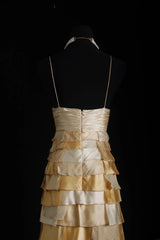 Vintage Prom Dresses 90s Formal A line Halter Gold Tiered With Beadings Long Party Gowns Prom Dresses AS025