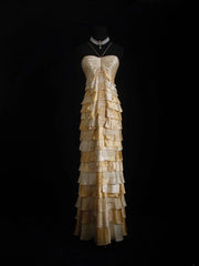 Vintage Prom Dresses 90s Formal A line Halter Gold Tiered With Beadings Long Party Gowns Prom Dresses AS025
