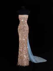Affordable Sequin 1950s Formal Mermaid Strapless Champagne With Beads Style Impress Long Prom Dresses Party Formal Gowns SA029