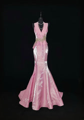 Vintage 1950s Mermaid V Neck Pink With Gold Lace Sleeveless Long Prom Dresses High School Senior Graduation Dance Evening Outfits AS033