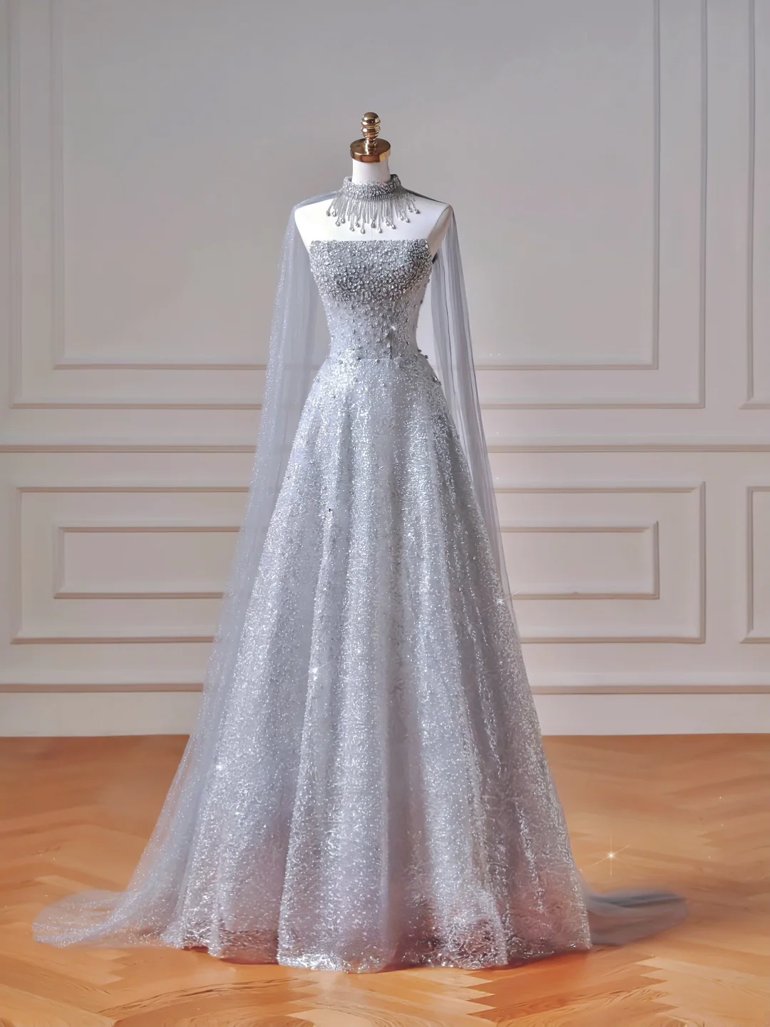 Modest Prom Dresses Aesthetic Ball Gown Strapless Blue Sequin With Scarf Impress Long Party Formal Gown For Teens High Schools Girls AQ038