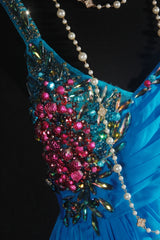 Vintage Prom Dresses 90s Formal A Line V Neck Blue Chiffon With Beadings Long Party Gowns Prom Dresses AS040