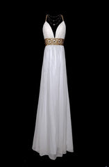Retro 60s A Line Chiffon White Blue With Gold Beads Sleeveless Long Prom Dresses High School Senior Graduation Dance Party Outfits AS042