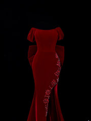 Classic 1950s Formal Mermaid Off The Shoulder Burgundy Velvet With Beads Bow-knot Style Impress Long Prom Dresses Party Gowns SA043