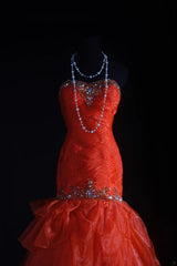 Vintage Mermaid Sweetheart Red Long Party Dress With Tulle Beads 1950s Retro Classy Birthday Dinner Prom Dress AS047