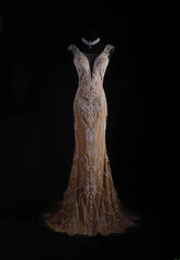 Vintage Mermaid Scoop Long Party Dress Tulle With Lace Inspo Champagne Floor Length Prom Dress AS050