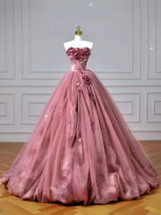 Modest Senior Prom Dresses High Schools Inspiration Ball Gown Strapless Floral Pink Semi Formal Grad Long Prom Dress AQ053