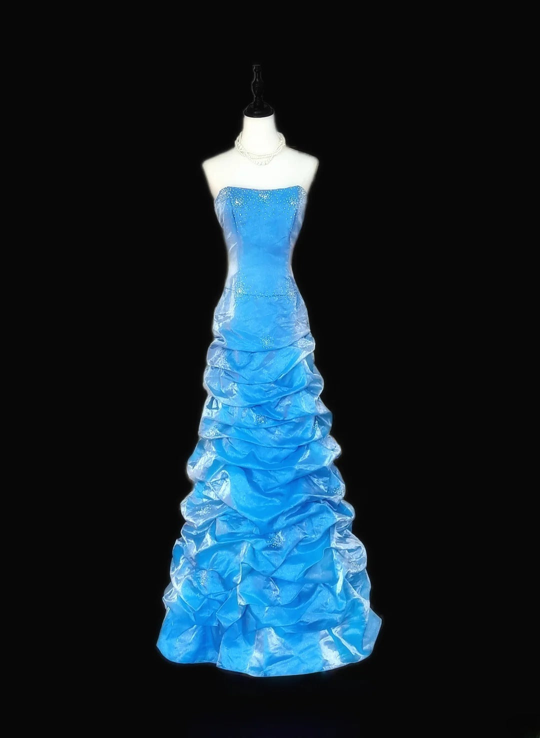 Vintage 1950s A line Strapless Blue Organza With Beads Long Prom Dresses High School Senior Graduation Dance Evening Gown AS056