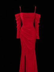Simple Formal Mermaid Off The Shoulder Red With Slit Ruched Style Impress Long Prom Dresses Party Gowns SA056