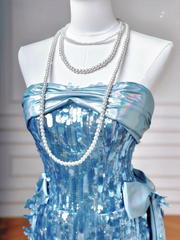 Glitter Sheath Strapless Blue Sequins Long Formal Fancy Prom Evening Dress Dinner Outfits Party Gowns For Teens AQ060
