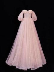 Modest Prom Dress Aesthetic Ball Gowns Off The Shoulder Pink Tulle Style Impress With Sleeves Long Party Formal Gown SA064