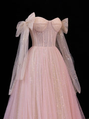 Modest Prom Dress Aesthetic Ball Gowns Off The Shoulder Pink Tulle Style Impress With Sleeves Long Party Formal Gown SA064