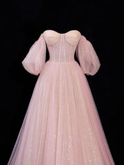 Modest Prom Dress Aesthetic Ball Gowns Off The Shoulder Pink Tulle Style Impress With Sleeves Long Party Formal Gown SA064