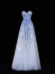 Classy A Line 1950s Formal Sweetheart Blue White Sequins With Beads Style Impress Long Prom Dresses Party Gowns SA067