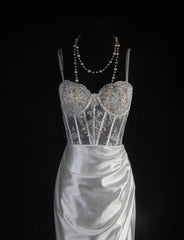 Vintage Mermaid Spaghetti Strap Silver Gray Silk Satin 2000s Prom Dress Inspo With Slit Lace Formal Party Gowns Formal Dresses AS067