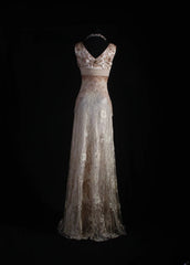 Women's Cocktail Party Gowns 90s A line V Neck Lace With Beads Long Graduation Dinner Outfits Prom Dresses AS074