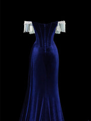 Classy Formal Mermaid Off The Shoulder Royal Blue Velvet With Beads Style Impress Long Prom Dresses Party Gowns SA077