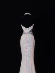 Classy Mermaid 1950s Formal High Neck White Sequins Style Impress Backless Long Prom Dresses Party Gowns SA079