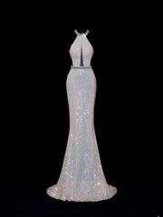 Classy Mermaid 1950s Formal High Neck White Sequins Style Impress Backless Long Prom Dresses Party Gowns SA079