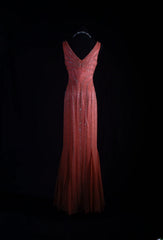 Vintage 1950s Formal Mermaid V Neck Pink Chiffon With Silver Beadings Sleeveless Long Prom Dresses Party Formal Gowns AS081
