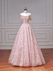 Fairy-tale Ball Gown Strapless Pink Tulle With Gems Long Formal Fancy Beaded Prom Evening Dress Dinner Outfits Party Gowns AQ082