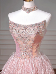 Fairy-tale Ball Gown Strapless Pink Tulle With Gems Long Formal Fancy Beaded Prom Evening Dress Dinner Outfits Party Gowns AQ082