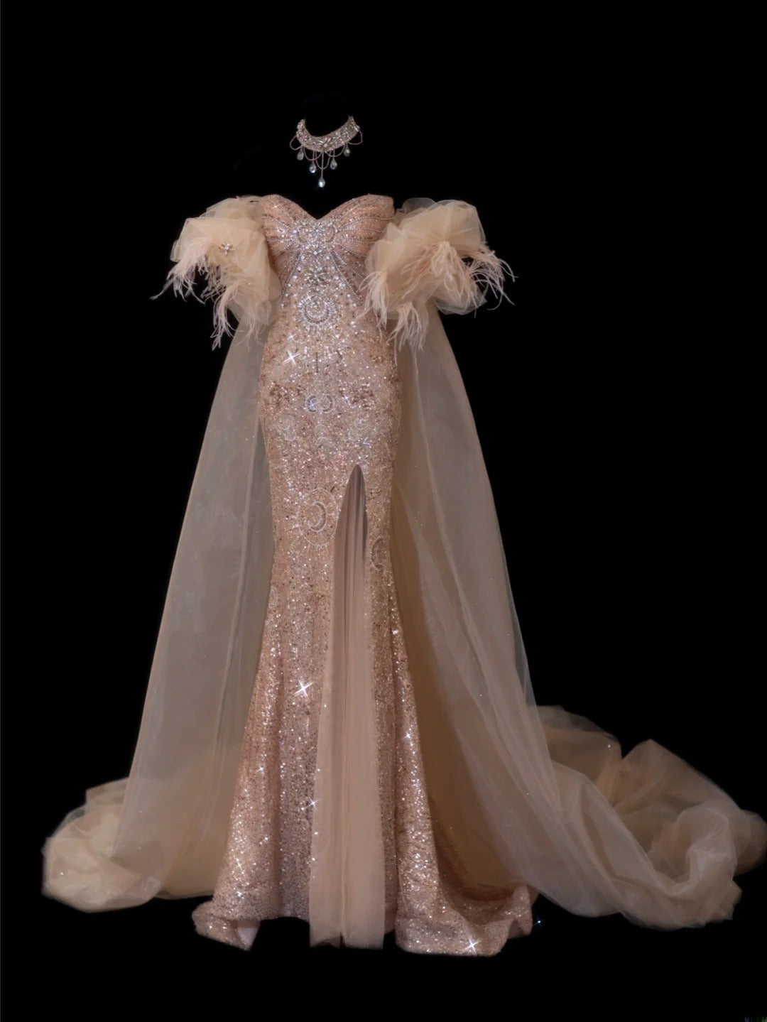 Modest Prom Dresses Aesthetic Mermaid Sweetheart Inspiration Gold Beads Sequin Style Impress With Slit Cape Long Party Formal Gown SA086