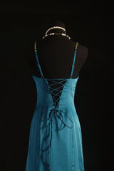 Vintage 1950s Formal Mermaid Spaghetti Strap Teal Blue Pleated Satin With Beads Sleeveless Long Prom Dresses Party Formal Gowns AS086