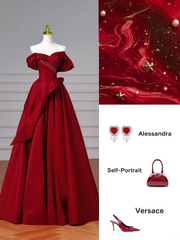 Elegant Ball Gown Off The Shoulder Burgundy Satin Long Formal Fancy Prom Evening Dress Dinner Outfits Party Gowns AQ086