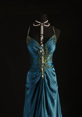 Vintage 1950s Formal Mermaid Spaghetti Strap Teal Blue Pleated Satin With Beads Sleeveless Long Prom Dresses Party Formal Gowns AS086