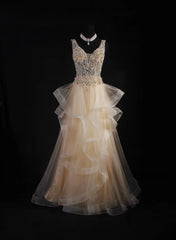 Women's Cocktail Party Gowns A Line V Neck Champagne With Beaded Tops Long Graduation Dinner Outfits Prom Dresses AS098