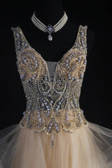 Women's Cocktail Party Gowns A Line V Neck Champagne With Beaded Tops Long Graduation Dinner Outfits Prom Dresses AS098
