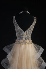 Women's Cocktail Party Gowns A Line V Neck Champagne With Beaded Tops Long Graduation Dinner Outfits Prom Dresses AS098