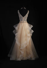 Women's Cocktail Party Gowns A Line V Neck Champagne With Beaded Tops Long Graduation Dinner Outfits Prom Dresses AS098