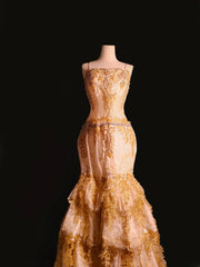 Vintage 1950s Mermaid Spaghetti Strap Gold Lace Tiered With Appliques Long Prom Dresses High School Senior Graduation Dance Evening Gown AS099