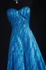 Vintage 80s Formal A Line Sweetheart Blue With Beads Sleeveless Long Prom Dresses Party Formal Gowns AS101