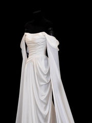 Modest Prom Dresses Aesthetic Sheath Off The Shoulder Ivory Satin Inspiration Style Impress With Sleeves Cape Long Party Formal Gown SA109