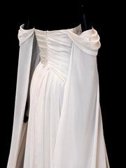 Modest Prom Dresses Aesthetic Sheath Off The Shoulder Ivory Satin Inspiration Style Impress With Sleeves Cape Long Party Formal Gown SA109