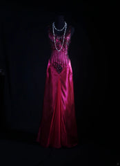 Retro Vintage 1960s Formal Mermaid V Neck Fashion Hot Pink Satin With Beads Sleeveless Long Prom Dresses Party Formal Gowns AS113