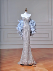 Elegant Mermaid Sweetheart Silver Gray Sequin Long Formal Prom Evening Dress Dinner Outfits Party Gowns AQ117