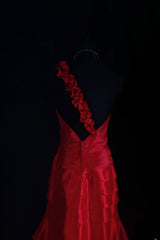 Retro Vintage 1960s Formal High Low Fashion One Shoulder Red Tiered Satin With Flower Sleeveless Long Prom Dresses Party Formal Gowns AS124
