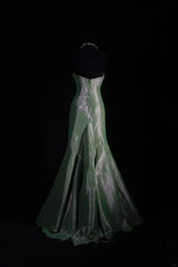 Vintage 50s 1950s Formal Mermaid Strapless Green Taffeta Pleated With Lace Appliques Sleeveless Long Prom Dresses Party Formal Gowns AS127