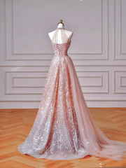 Glamour Ball Gown High Neck Pink Sequins Long Prom Dresses Party Dress 20th Birthday Outfits Prom Gowns AQ128