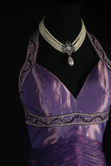 Vintage 50s 1950s Formal Mermaid Halter Purple Tiered Taffeta Pleated With Beads Sleeveless Long Prom Dresses Party Formal Gowns AS129