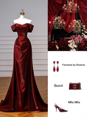 Classy Mermaid Off The Shoulder Burgundy Satin Long Formal Prom Dresses Dance Night Outfits Party Gowns AQ132